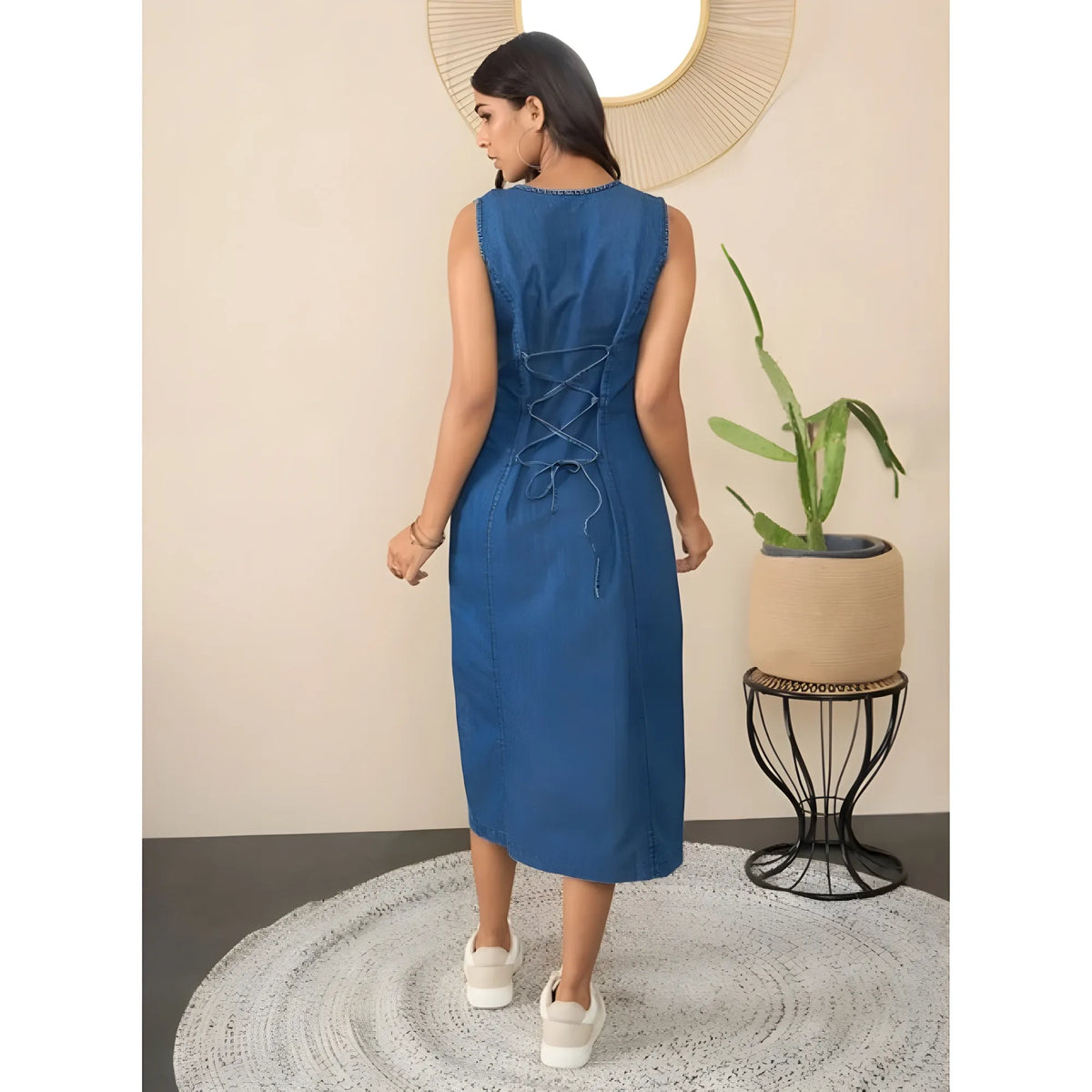 Women's Denim Solid Sleeveless Dress (blue) | Women Signature Collection