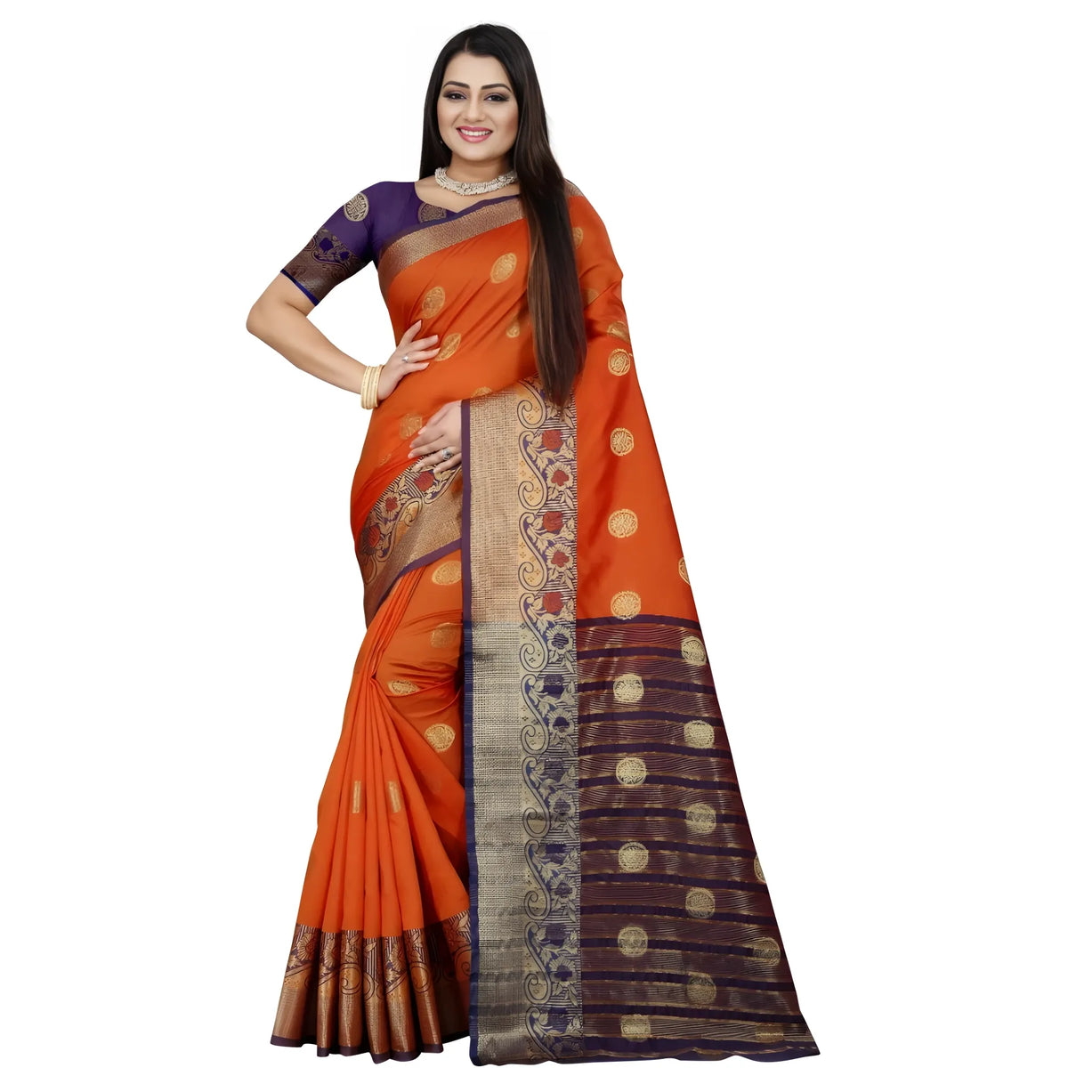 Women's Silk Blend Woven Saree With Unstitched Blouse 5.5mtr (blue Orange) | Women Signature Collection