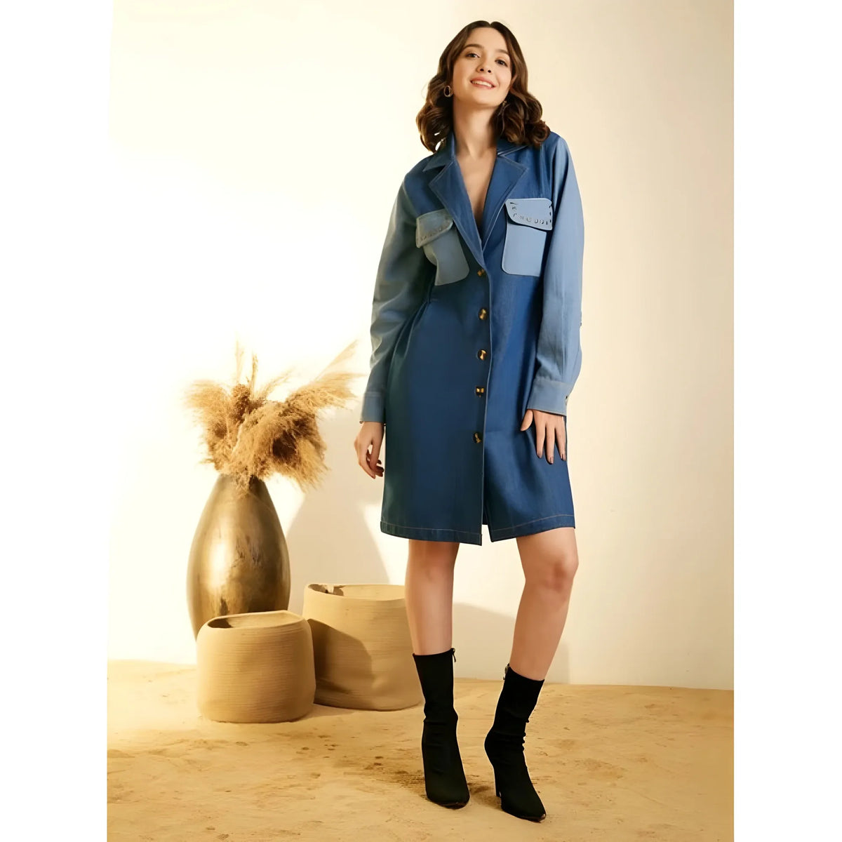 Women's Denim Color Blocking Roll Up Dress (blue) | Women Signature Collection