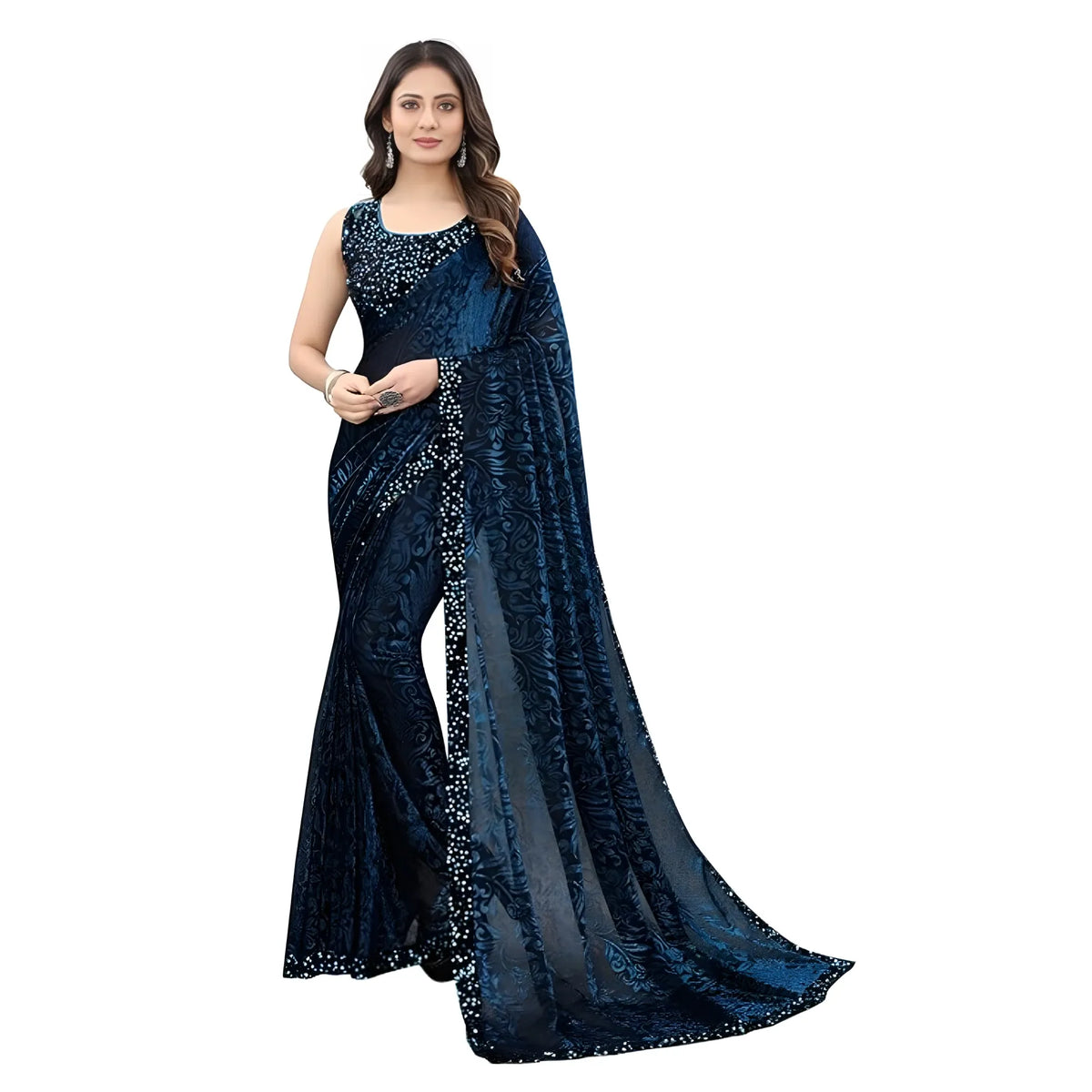 Women's Lycra Floral Saree With Unstitched Blouse (blue, 5.5 Mtr) | Women Signature Collection
