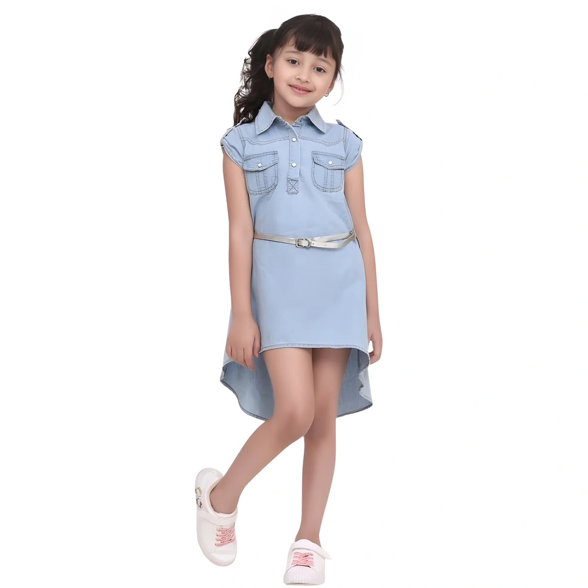 Girl's Denim Hi Lo Short Sleeve Dress With Belt (blue) | Kids Signature Collection
