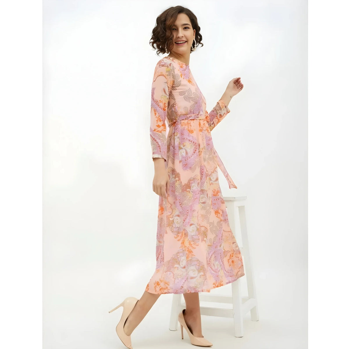 Women's Polyester Printed Long Sleeves Calf Length Dress (multicolor) | Women Signature Collection