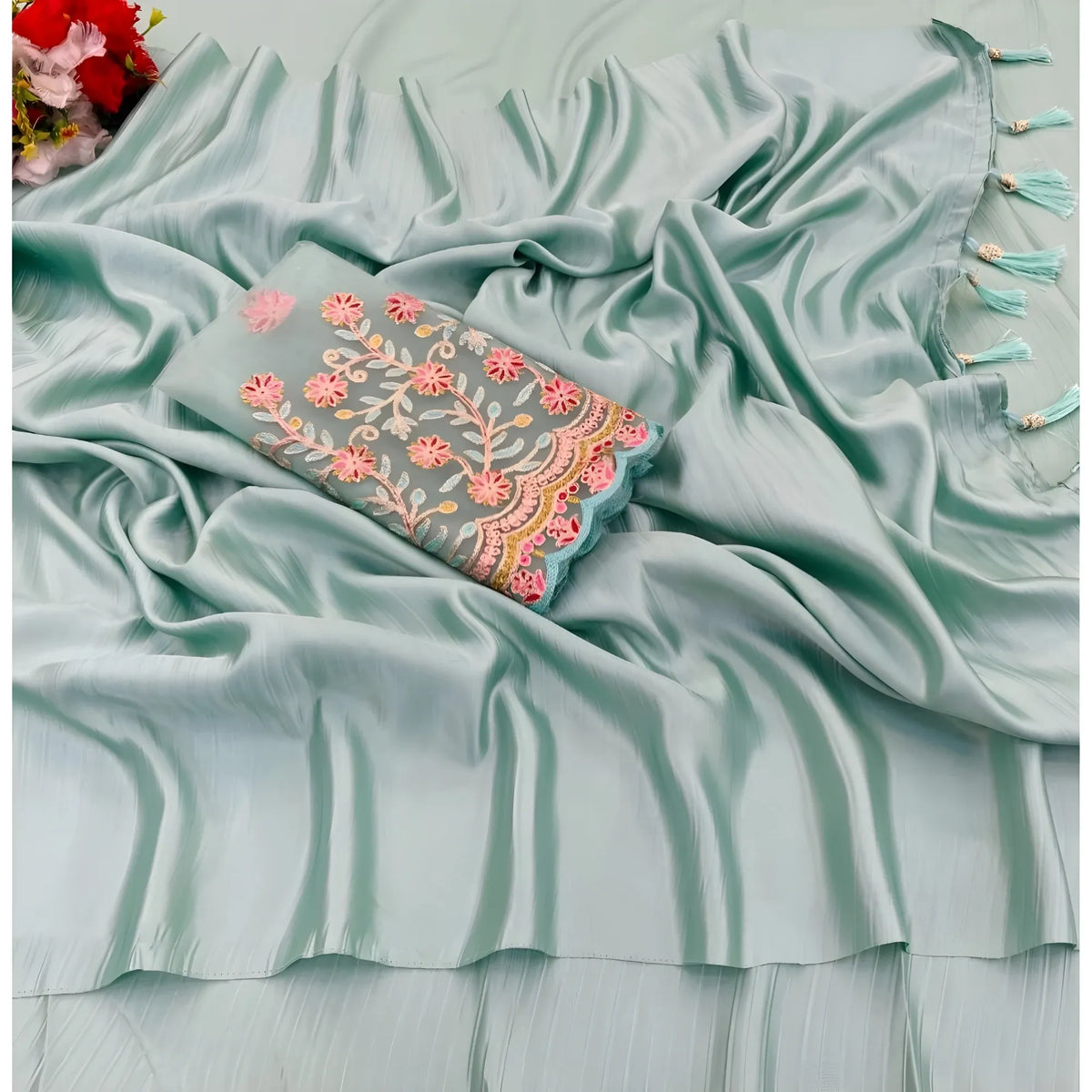 Women's Satin Solid Saree With Unstitched Blouse (skyblue, 5 5 Mtrs) | Women Signature Collection