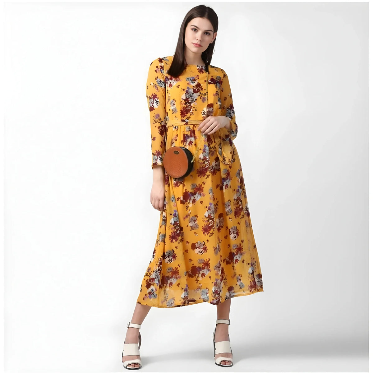 Women's Polyester Floral Long Sleeves Calf Length Dress (yellow) | Women Signature Collection
