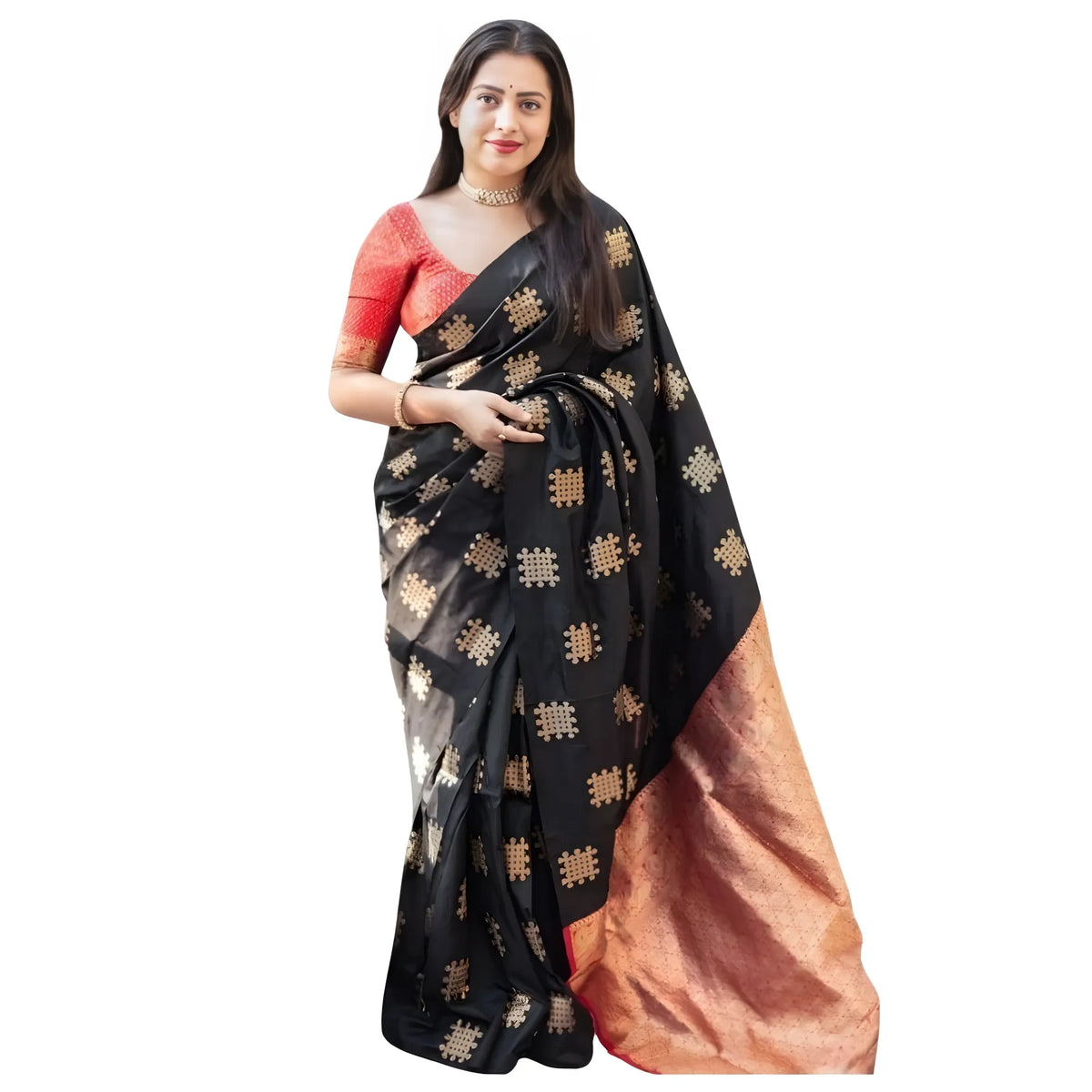 Women's Silk Printed Saree With Unstitched Blouse 5.5mtr (blacl Orange) | Women Signature Collection