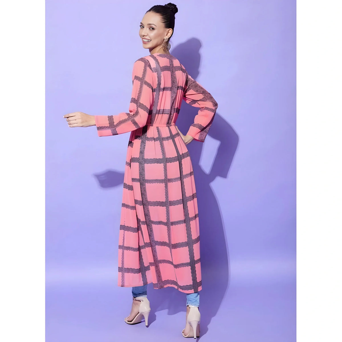 Women's Polyester Check Long Sleeves Shrug (pink) | Women Signature Collection