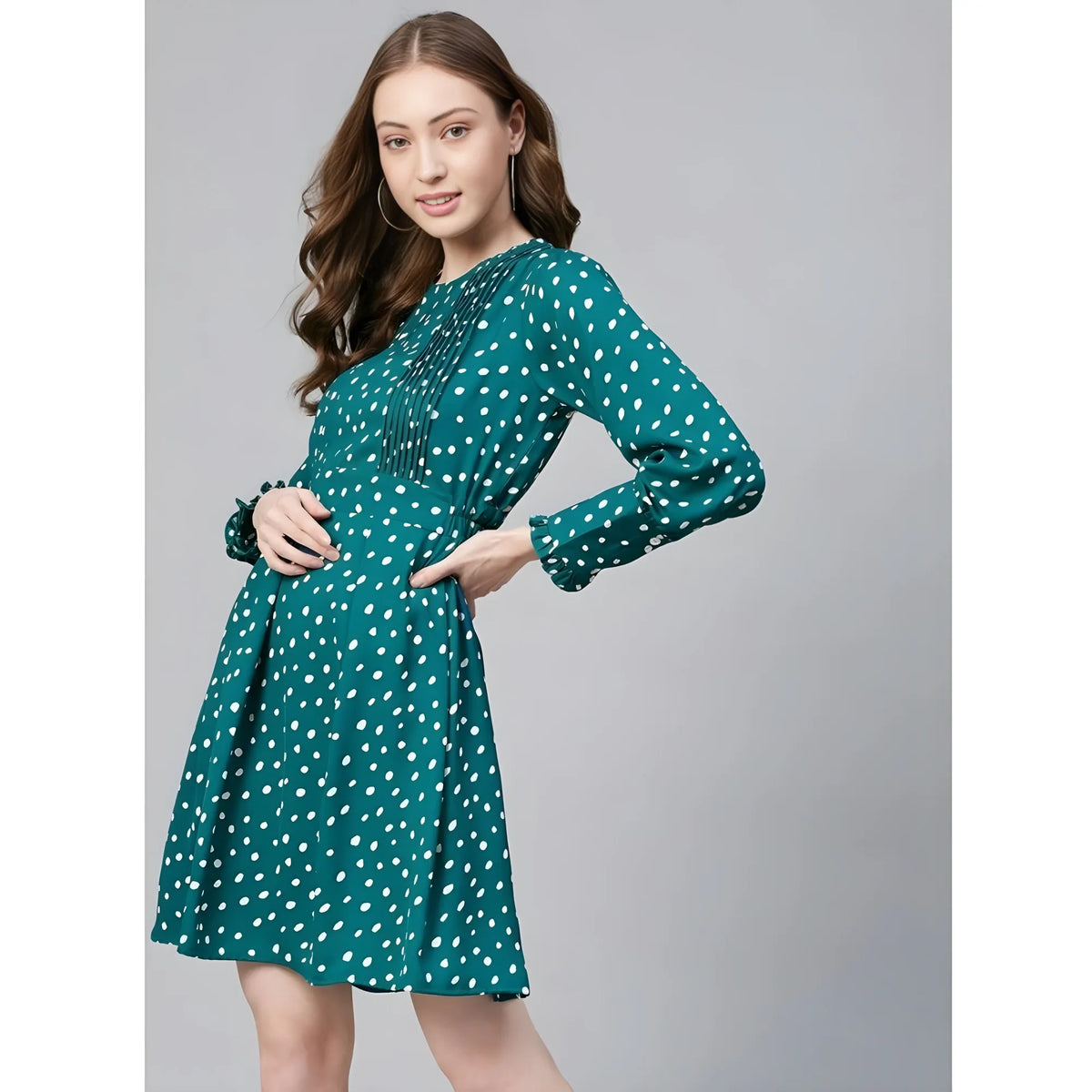 Women's Polyester Polka Long Sleeves Above Knee Dress (green White) | Women Signature Collection