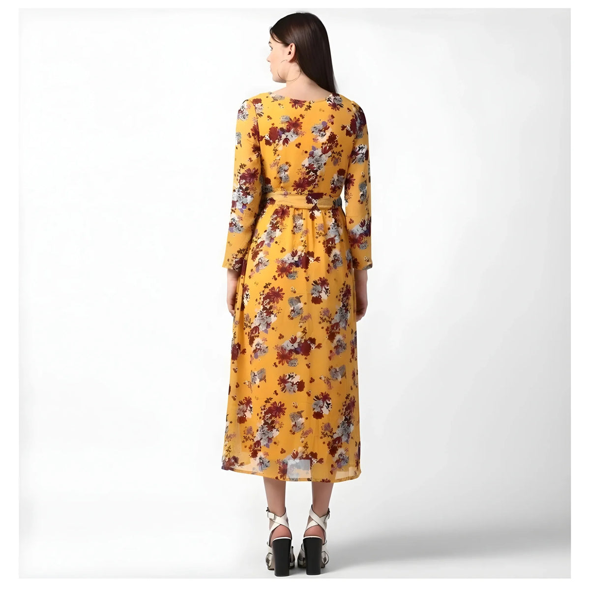 Women's Polyester Floral Long Sleeves Calf Length Dress (yellow) | Women Signature Collection