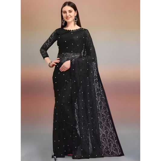 Women's Net Self Design Saree With Unstitched Blouse 5.5Mtr  (Black)