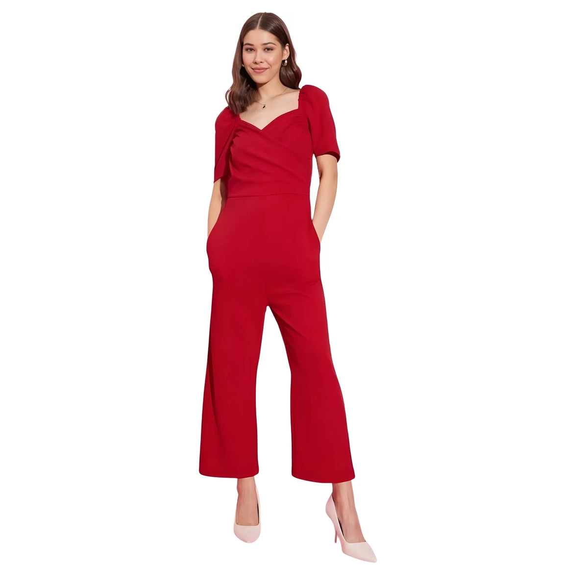 Women's Polyester Lycra Solid Puff Sleeve Jumpsuit (red) | Women Signature Collection