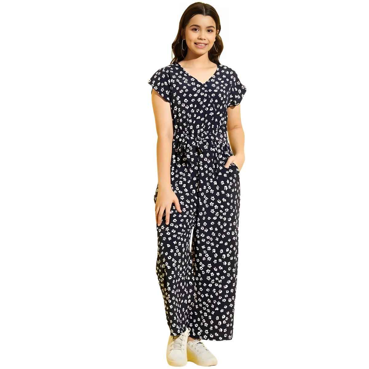 Girl's Polyester Moss Floral Short Sleeves Jumpsuit (navy White) | Kids Signature Collection
