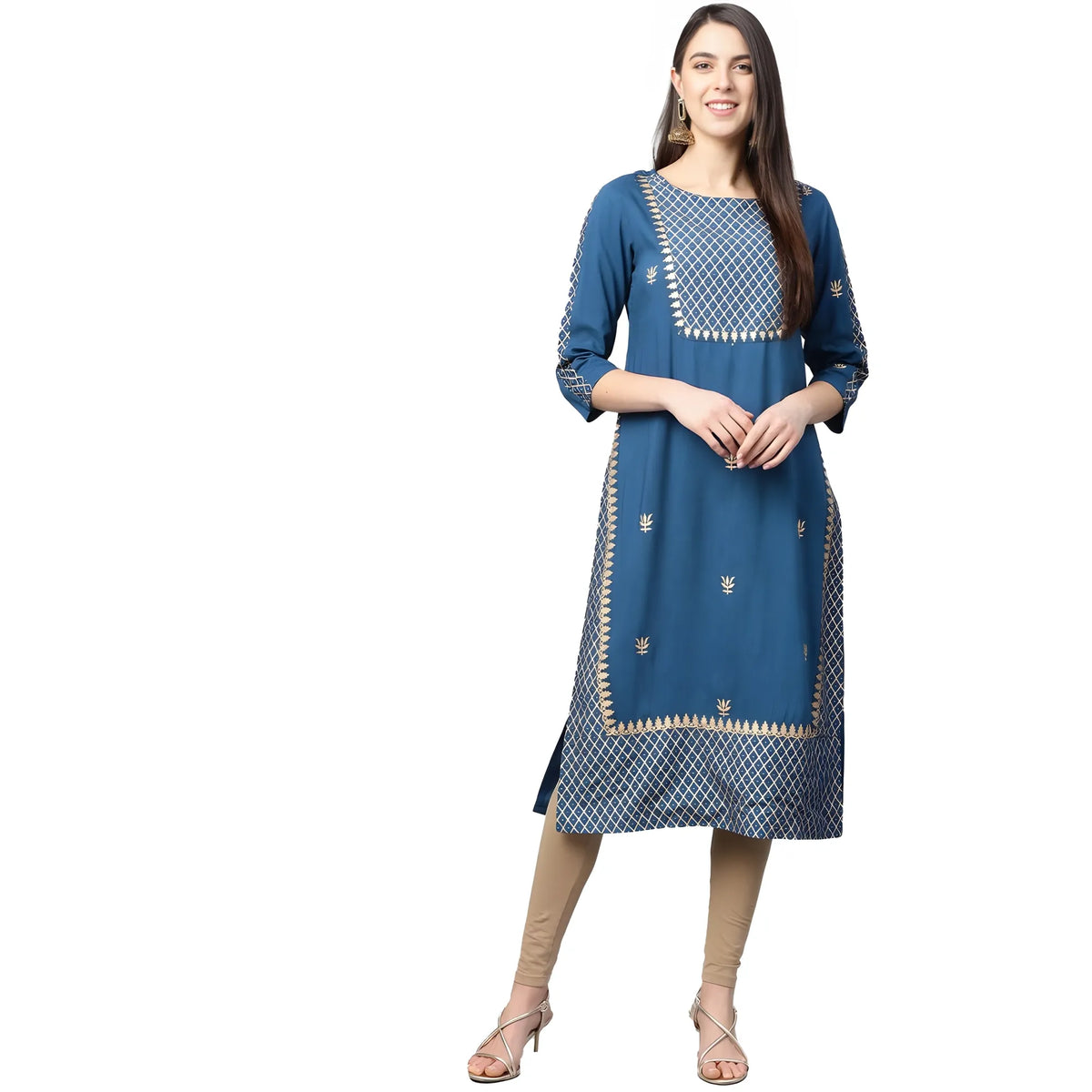 Women's Casual 3/4 Th Sleeve Floral Printed Rayon Kurti (blue) | Women Signature Collection