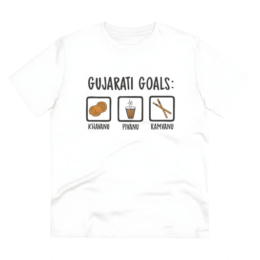 Men's PC Cotton Gujarati Goals Printed T Shirt (Color: White, Thread Count: 180GSM)