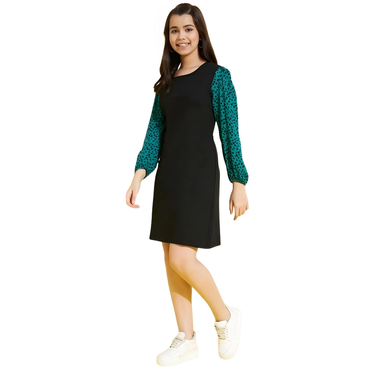 Girl's Polyester Printed Long Sleeves Dress (black Green) | Kids Signature Collection