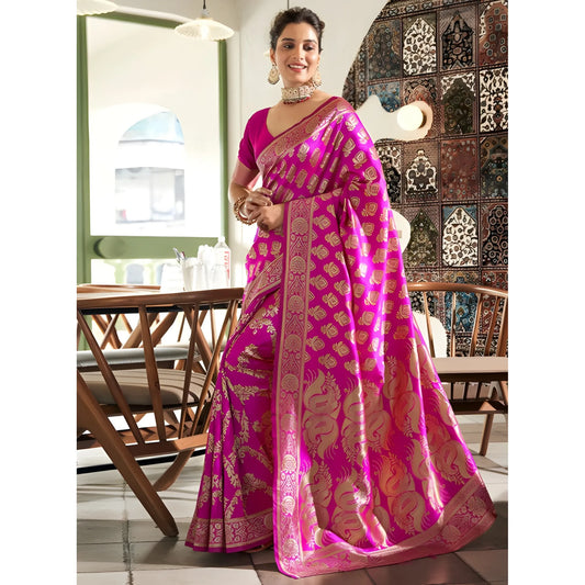 Women's Jacquard Printed Saree With Unstitched Blouse 5.5Mtr (Pink)