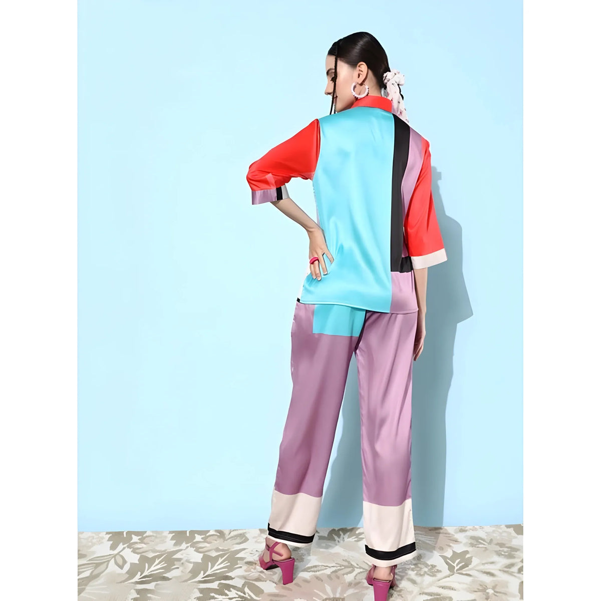 Women's Satin Colour Block Long Sleeves Co Ord Set (multicolor) | Women Signature Collection