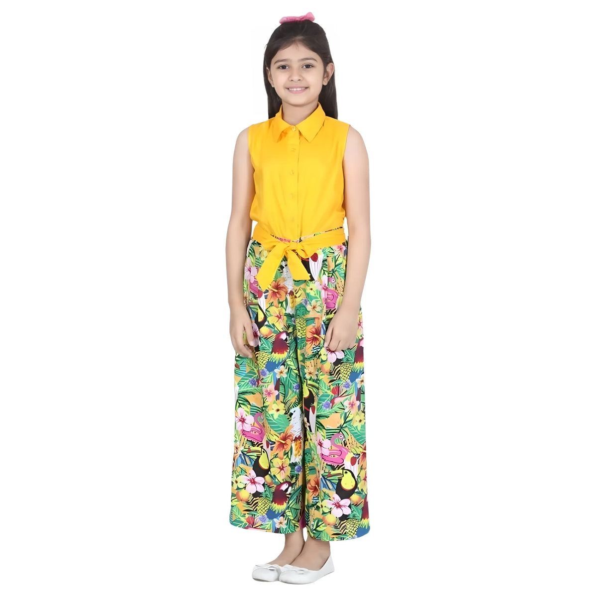 Girl's Rayon Flamingo Print Sleeveless Jumpsuit (yellow Multicolor) | Kids Signature Collection