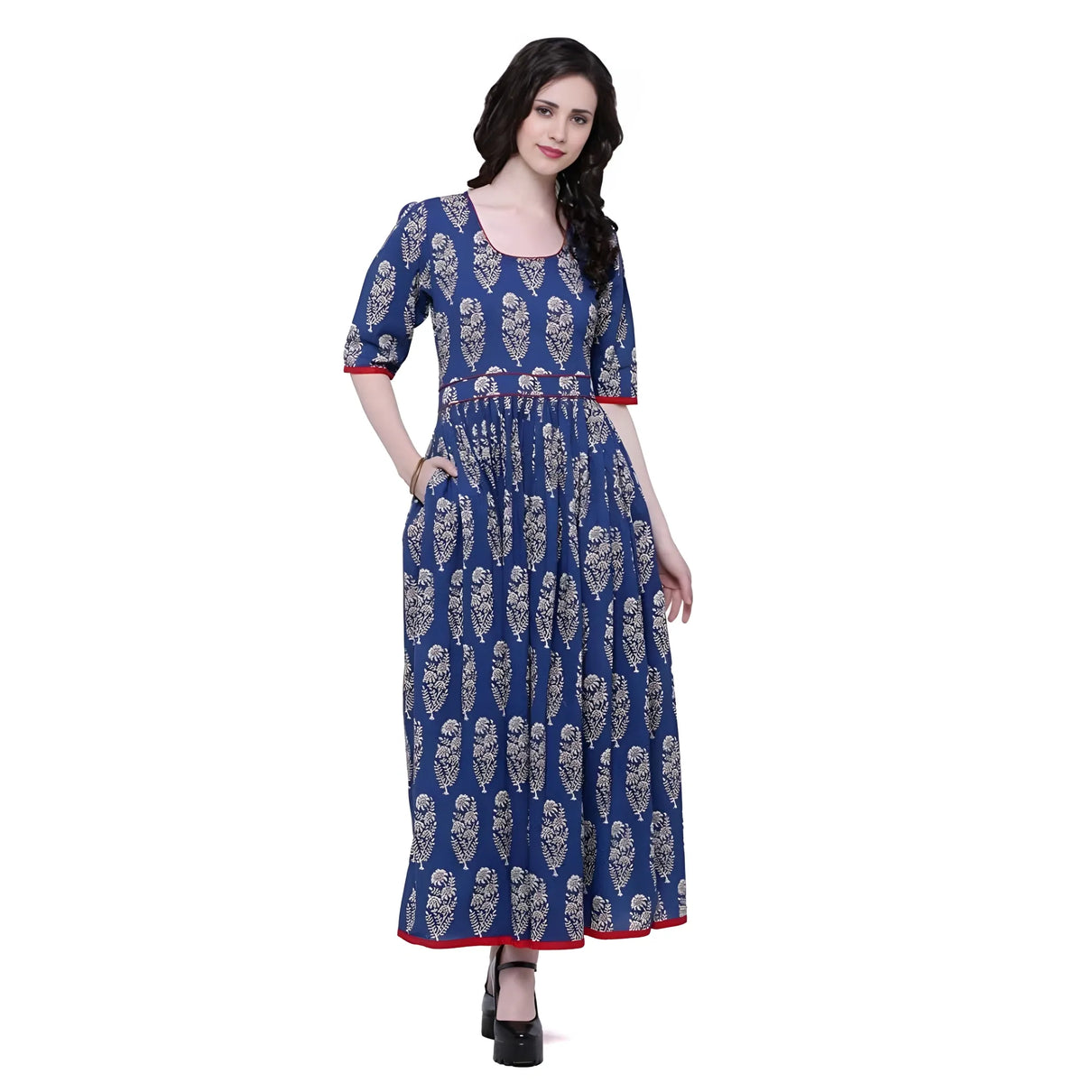 Women's Cotton Printed Anarkali Kurti (blue, Cotton) | Women Signature Collection