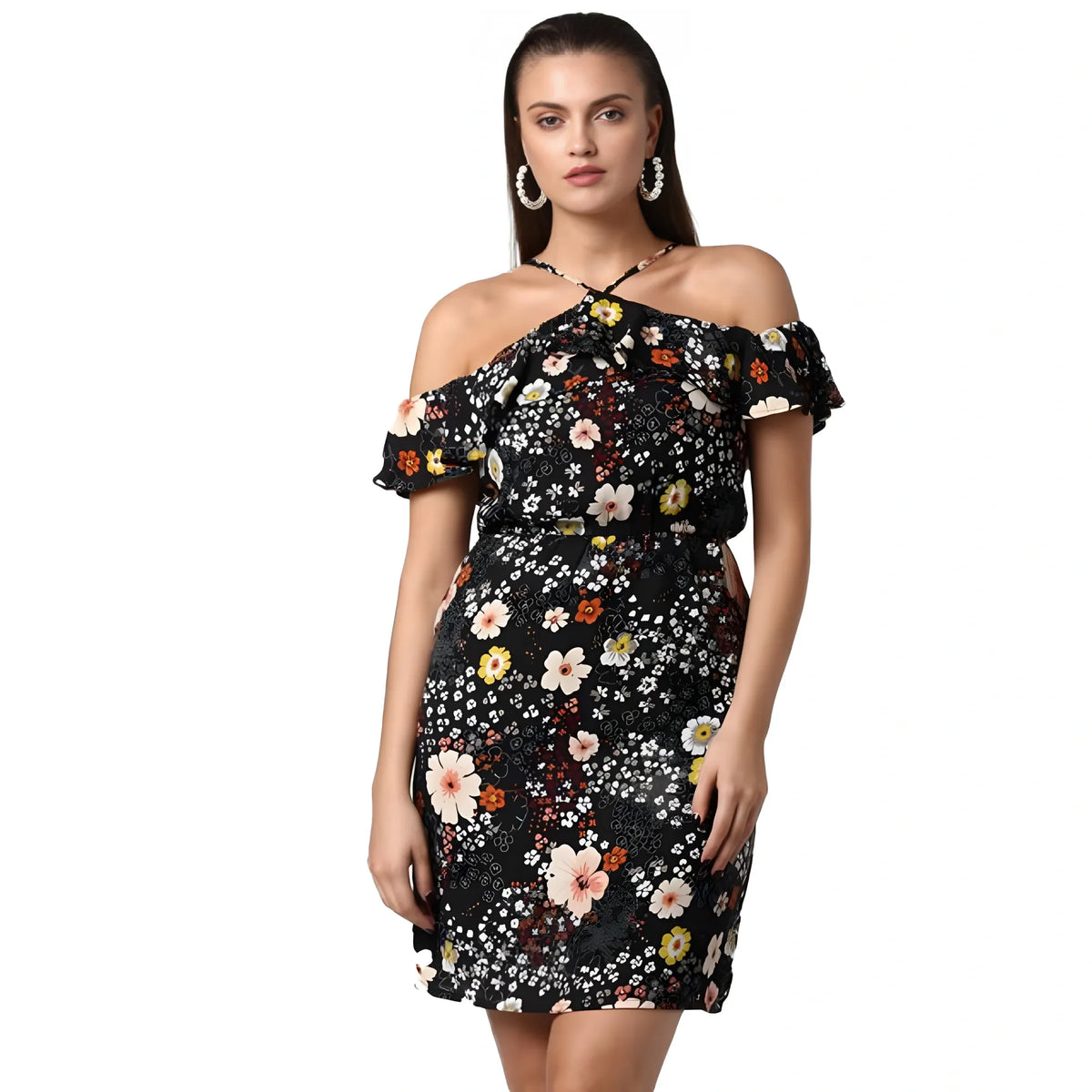 Women's Polyester Floral Cold Shoulder Above Knee Dress (black) | Women Signature Collection