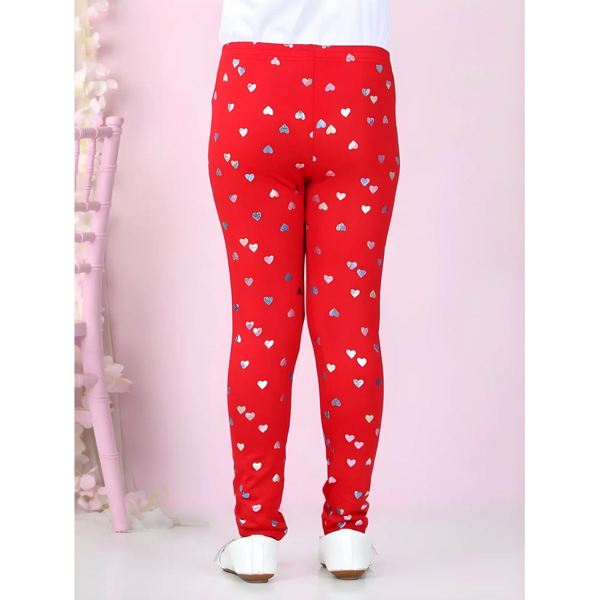Girl's Cotton Lycra Embellished Elasticated Leggings (Red)