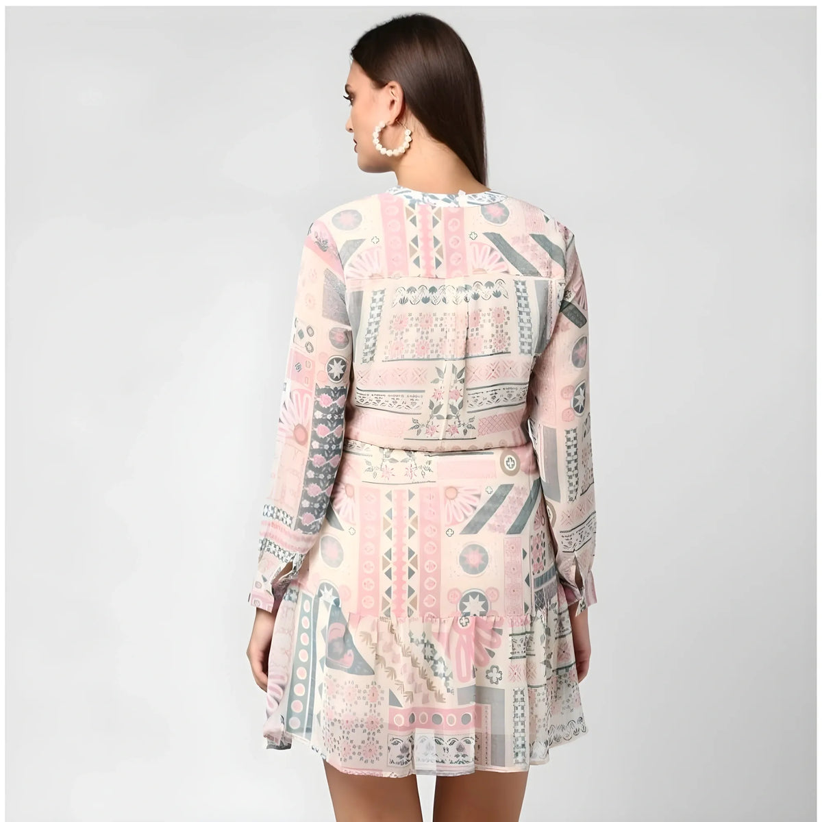 Women's Polyester Printed Long Sleeves Above Knee Dress (light Pink Off White) | Women Signature Collection