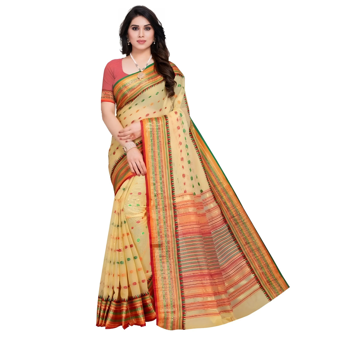 Women's Kota Doria Cotton Woven Butta Saree With Blouse (beige, 5 6 Mtrs) | Women Signature Collection