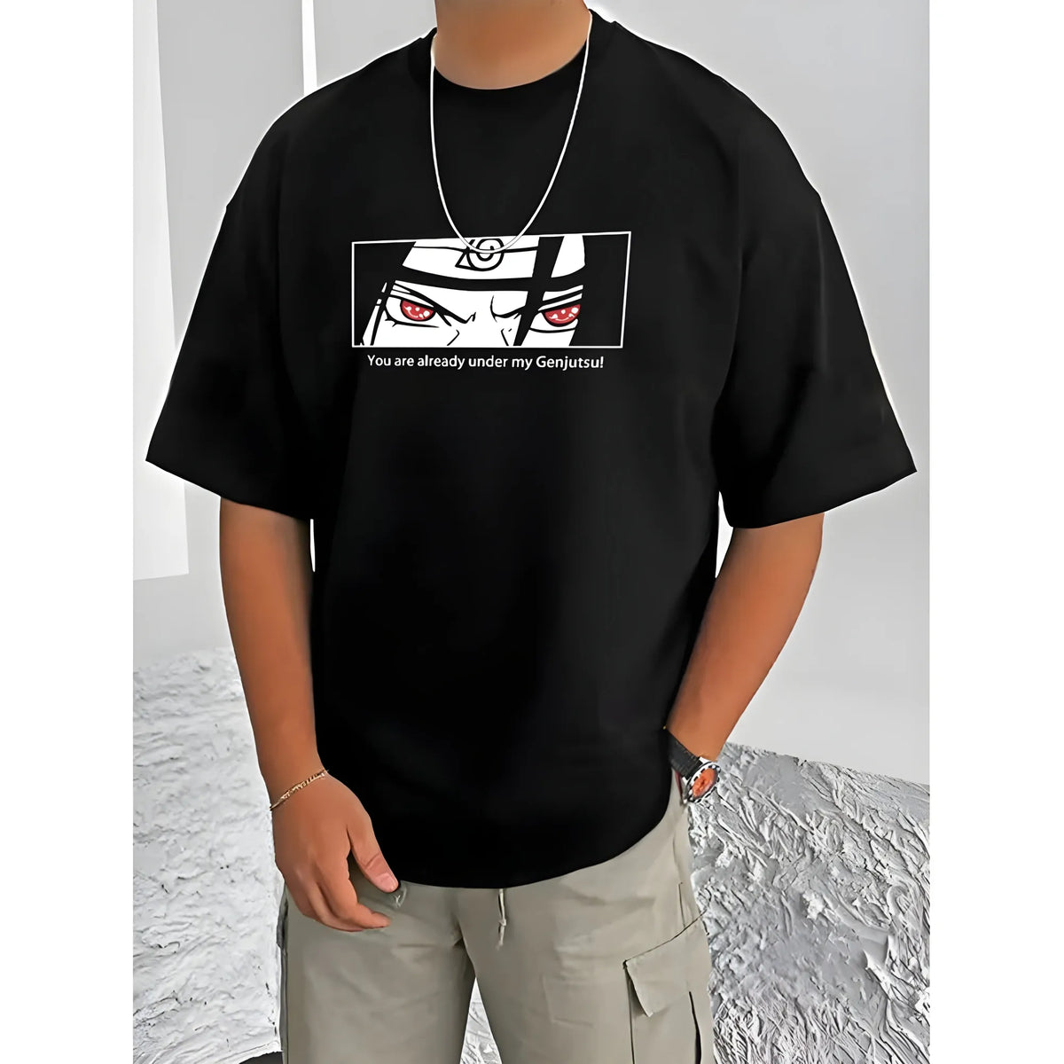 Men's Casual Cotton Blend Printed Round Neck Half Sleeve T-Shirt (Black)