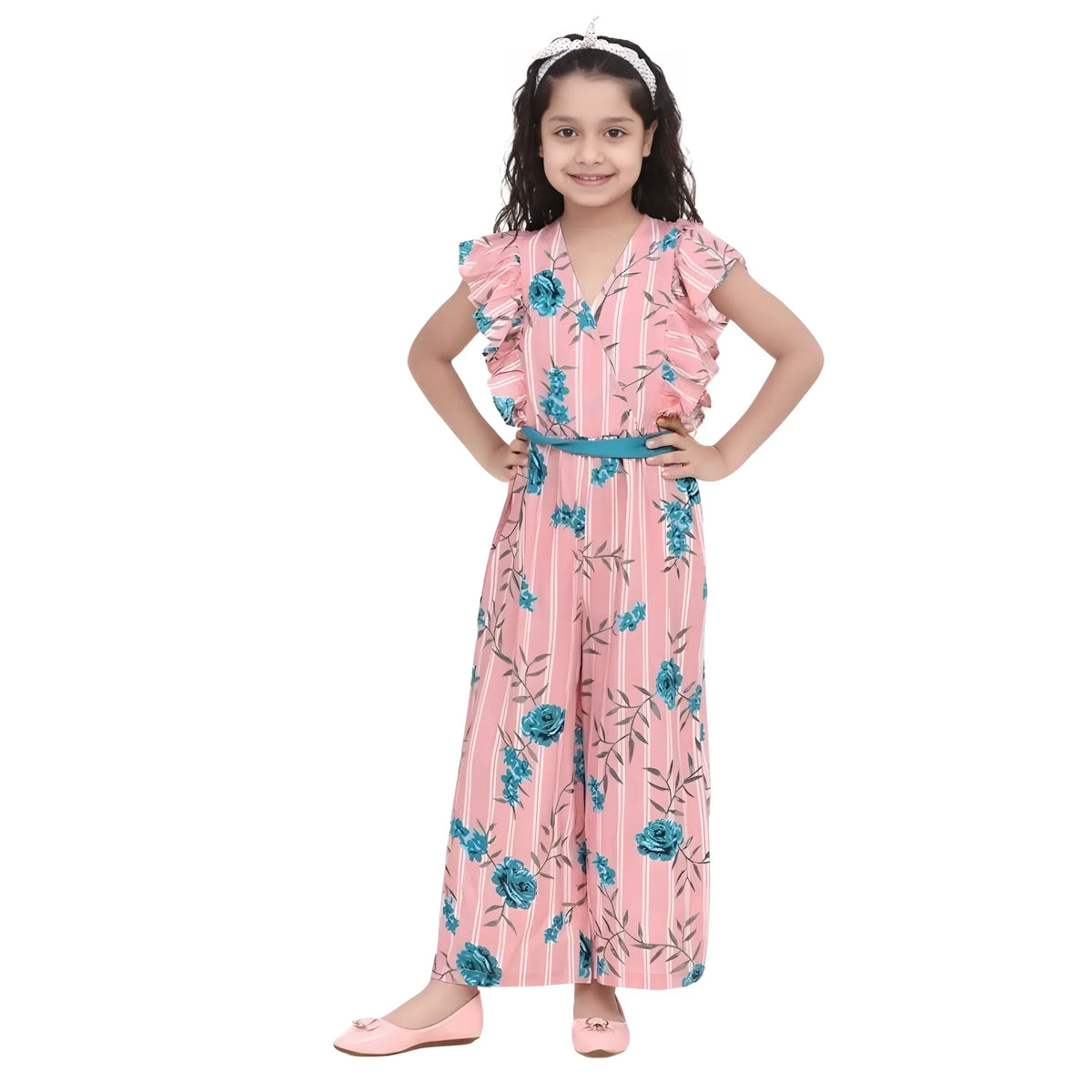 Girl's Rayon Floral Flutter Jumpsuit (pink Blue) | Kids Signature Collection
