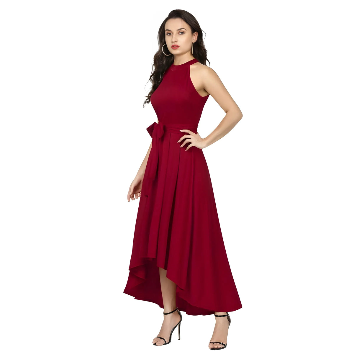 Women's Polyster Solid Halter Neck Sleeveless Dress (maroon) | Women Signature Collection