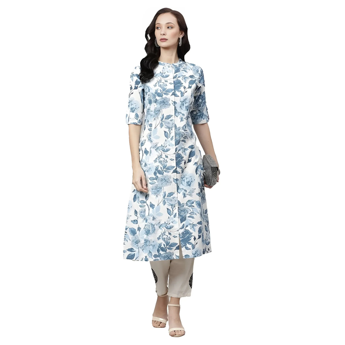 Women's Cotton Printed Floral Print Kurti (white, Blue, Cotton) | Women Signature Collection