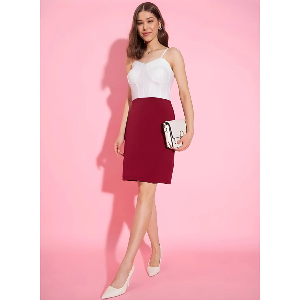 Women's Polyester Lycra Color Blocking Shoulder Straps Dress (white Maroon) | Women Signature Collection