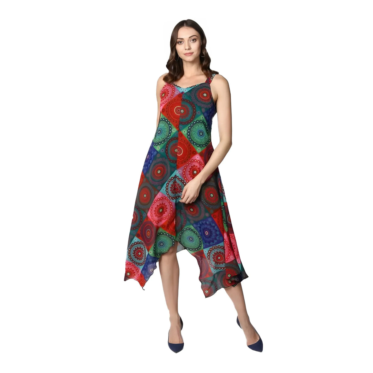 Women's Polyester Asymmetrical Shoulder Straps Knee Length Dress (multicolor) | Women Signature Collection