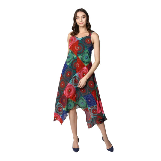 Women's Polyester Asymmetrical Shoulder Straps Knee Length Dress (multicolor) | Women Signature Collection