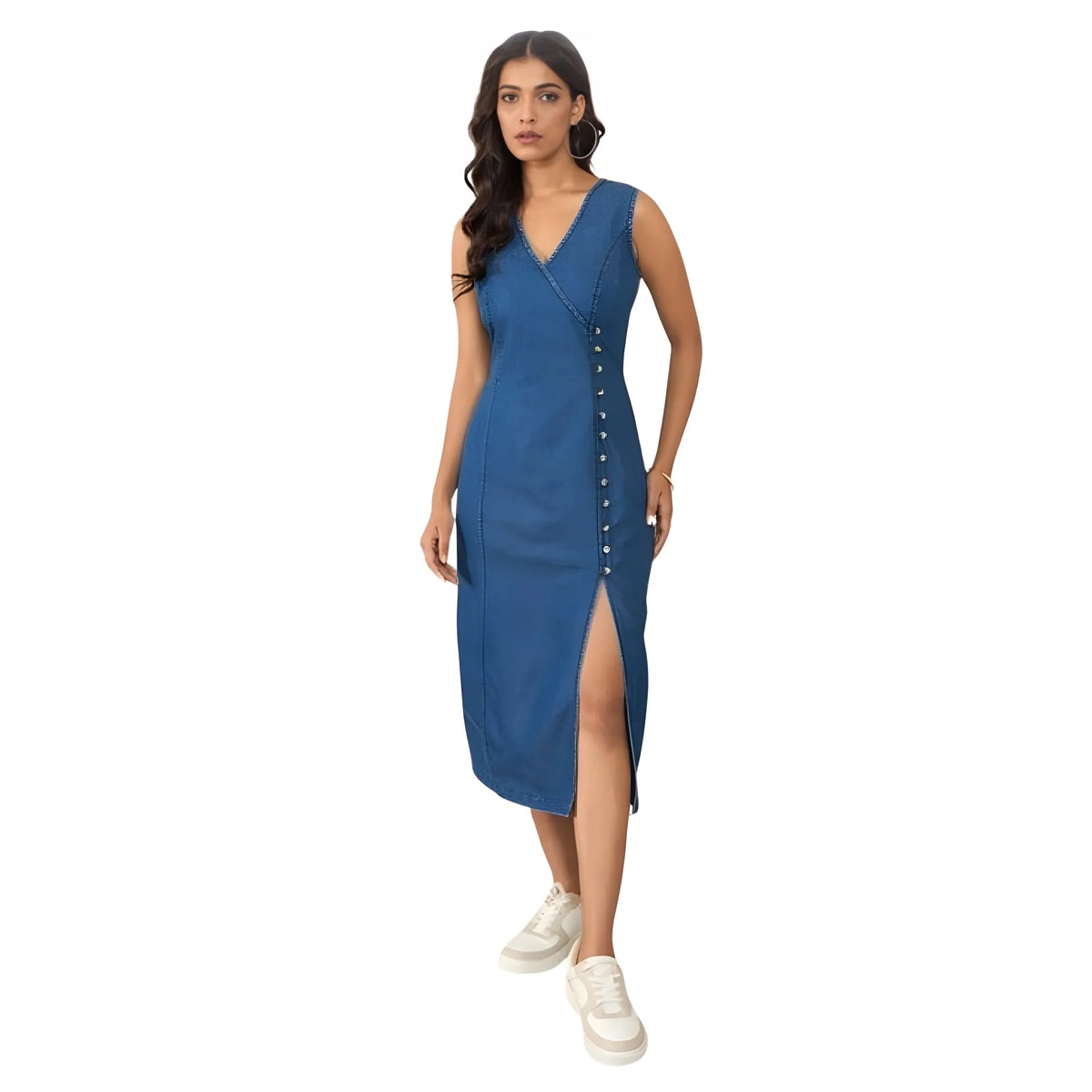 Women's Denim Solid Sleeveless Dress (blue) | Women Signature Collection