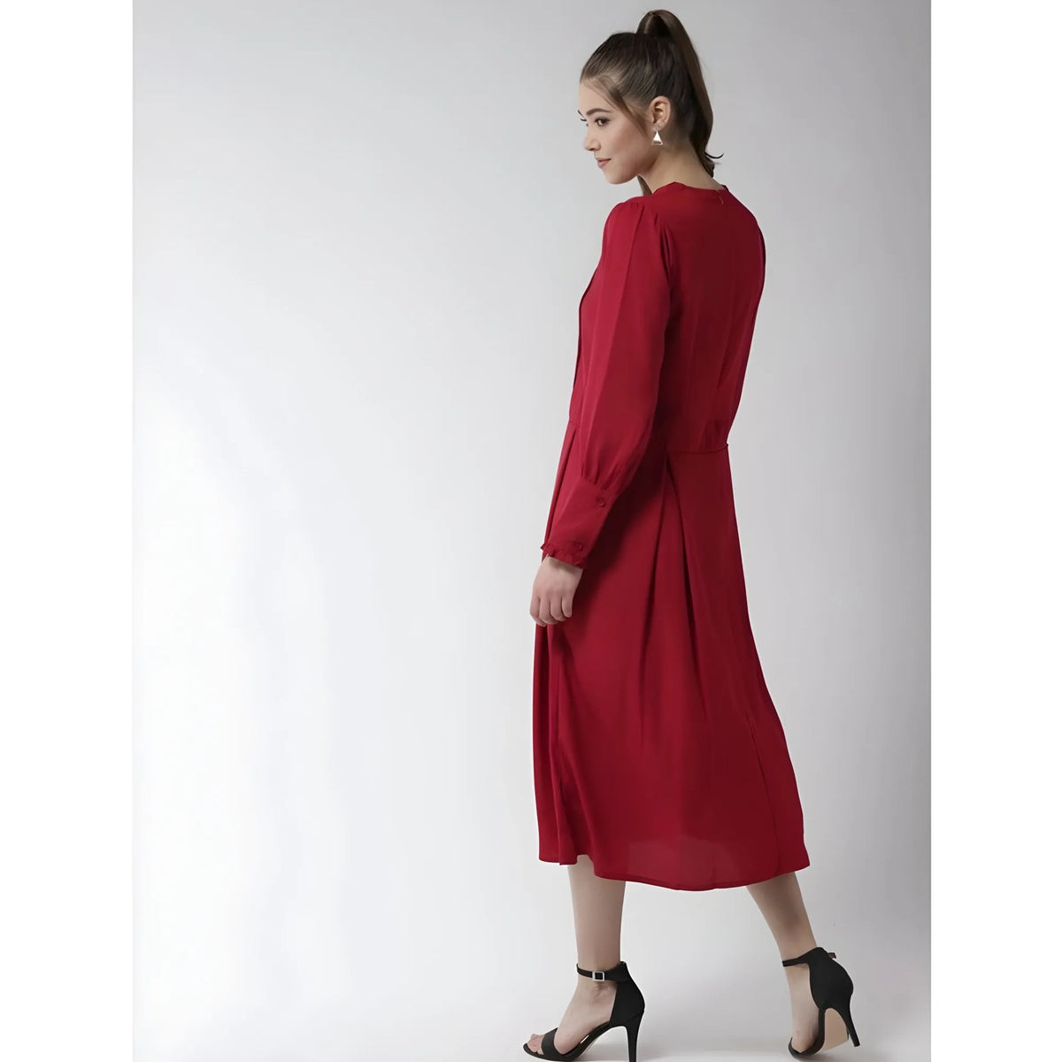 Women's Polyester Pintuck Long Sleeves Below Knee Dress (red) | Women Signature Collection