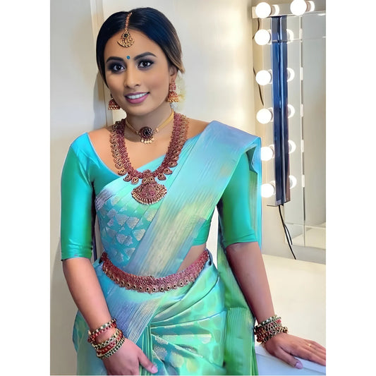 Women's Litchi silk Printed Saree With Unstitched Blouse (Green)