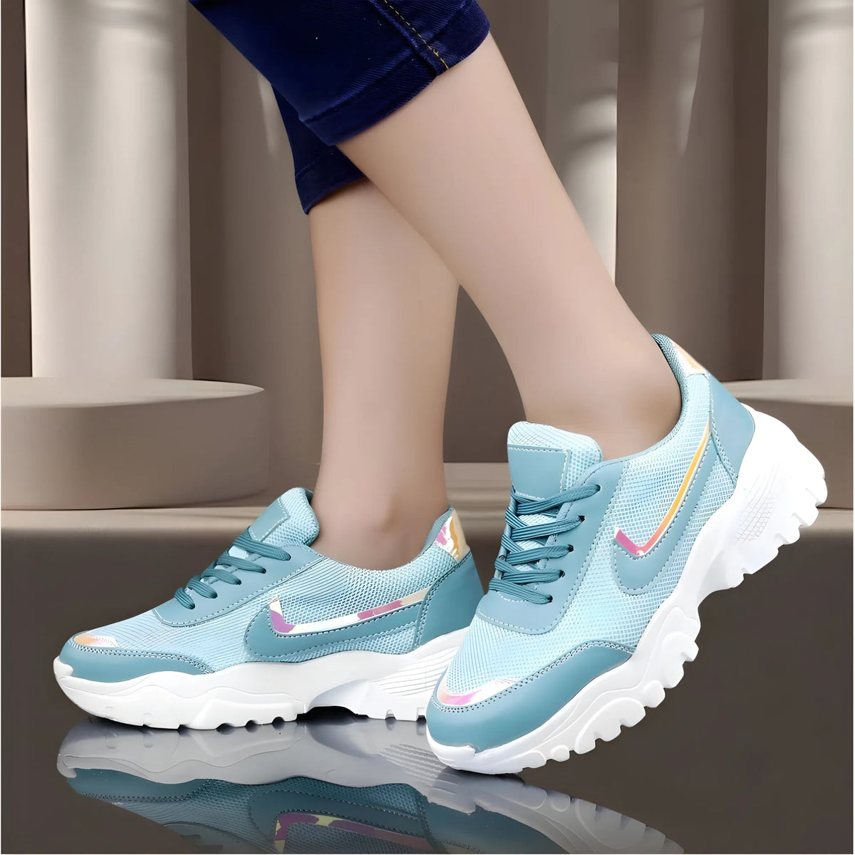 Women's Casual Mesh Printed Lace-Ups Shoes (Blue)