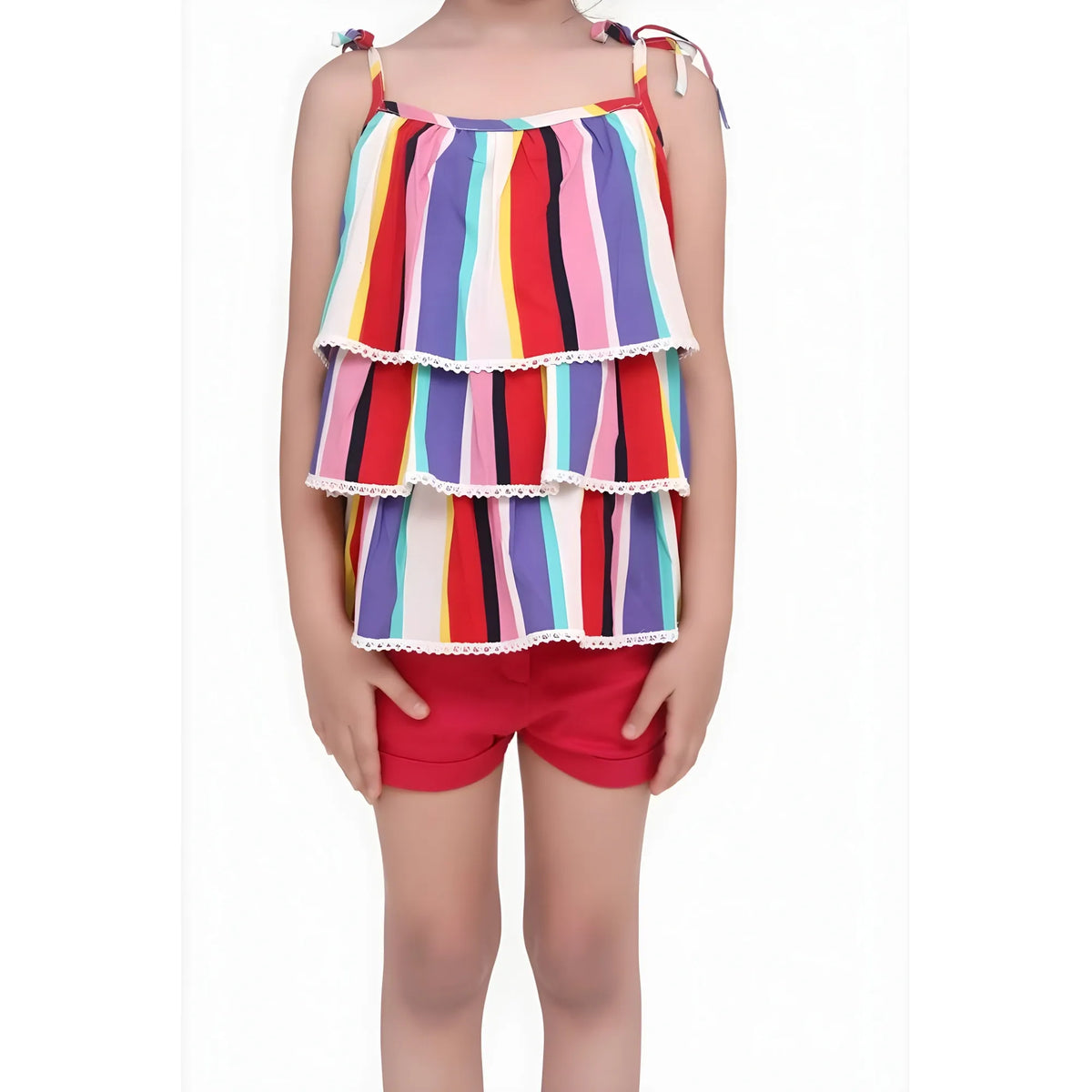 Girl's Polyester Crepe Striped Tie Ups Shorts Set (multicolor) | Kids Signature Collection