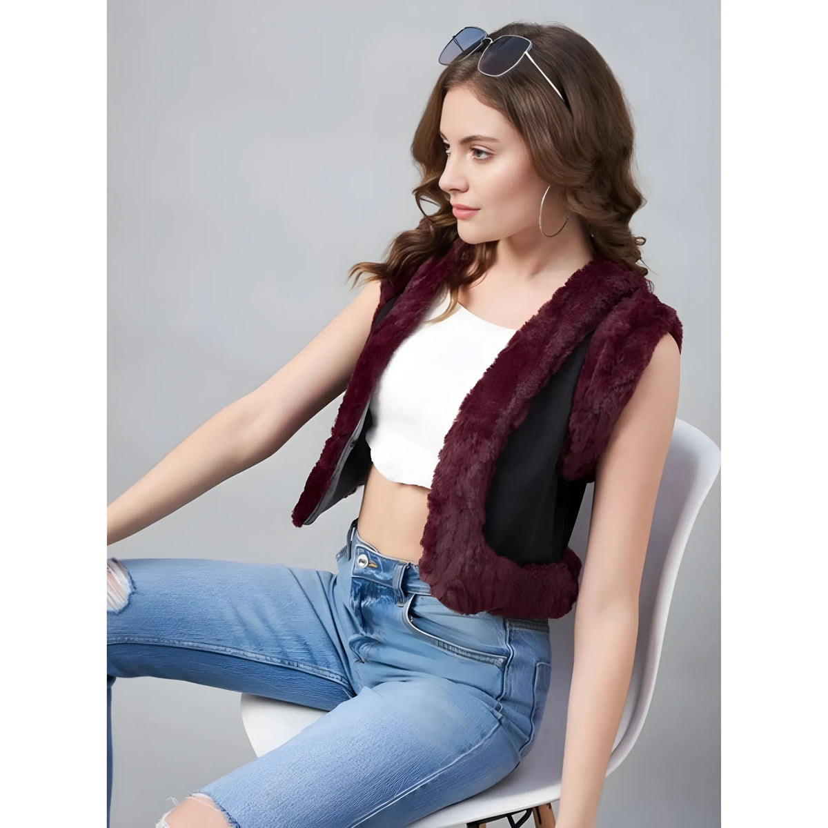 Women's Denim And Fur Solid Sleeveless Shrug (black Maroon) | Women Signature Collection