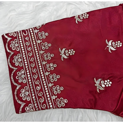 Garnet Women's Satin Embroidered Half sleeve V-Neck Padded Readymade Blouse