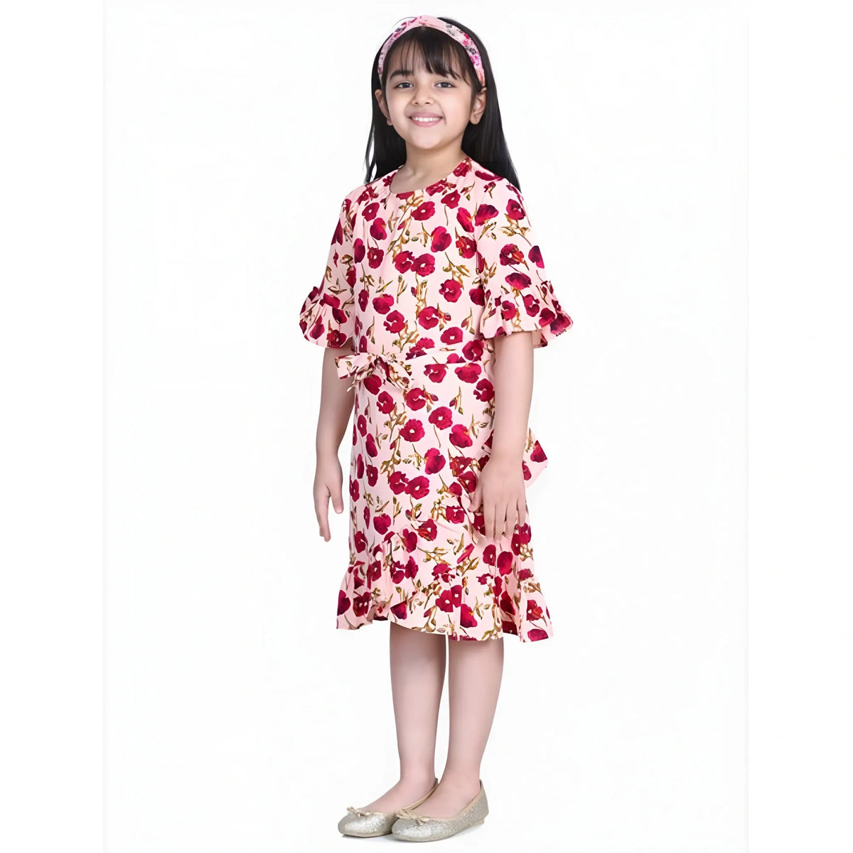 Girl's Polyester Crepe Floral Bell Sleeve Dress (red Pink) | Kids Signature Collection