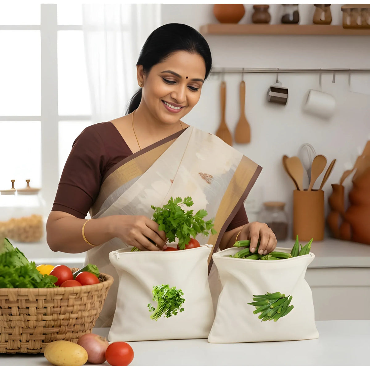 Sand Essential Cotton Vegetable Bag Size 12*12 - 10 Pieces Set