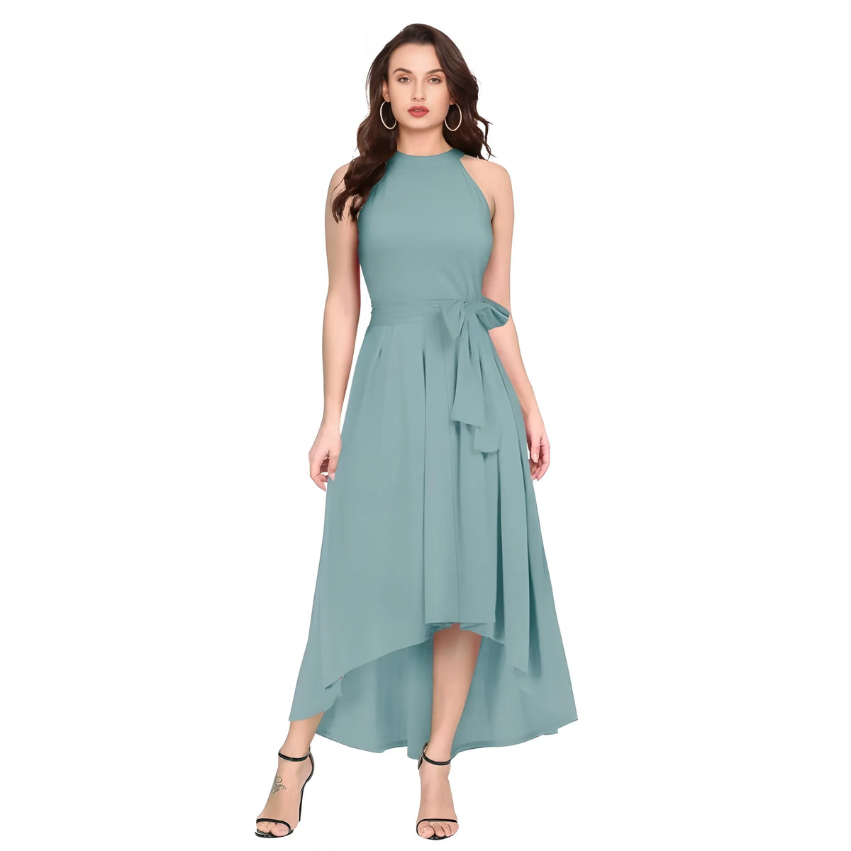 Women's Polyester Solid Halter Neck Sleeveless Dress (pista) | Women Signature Collection