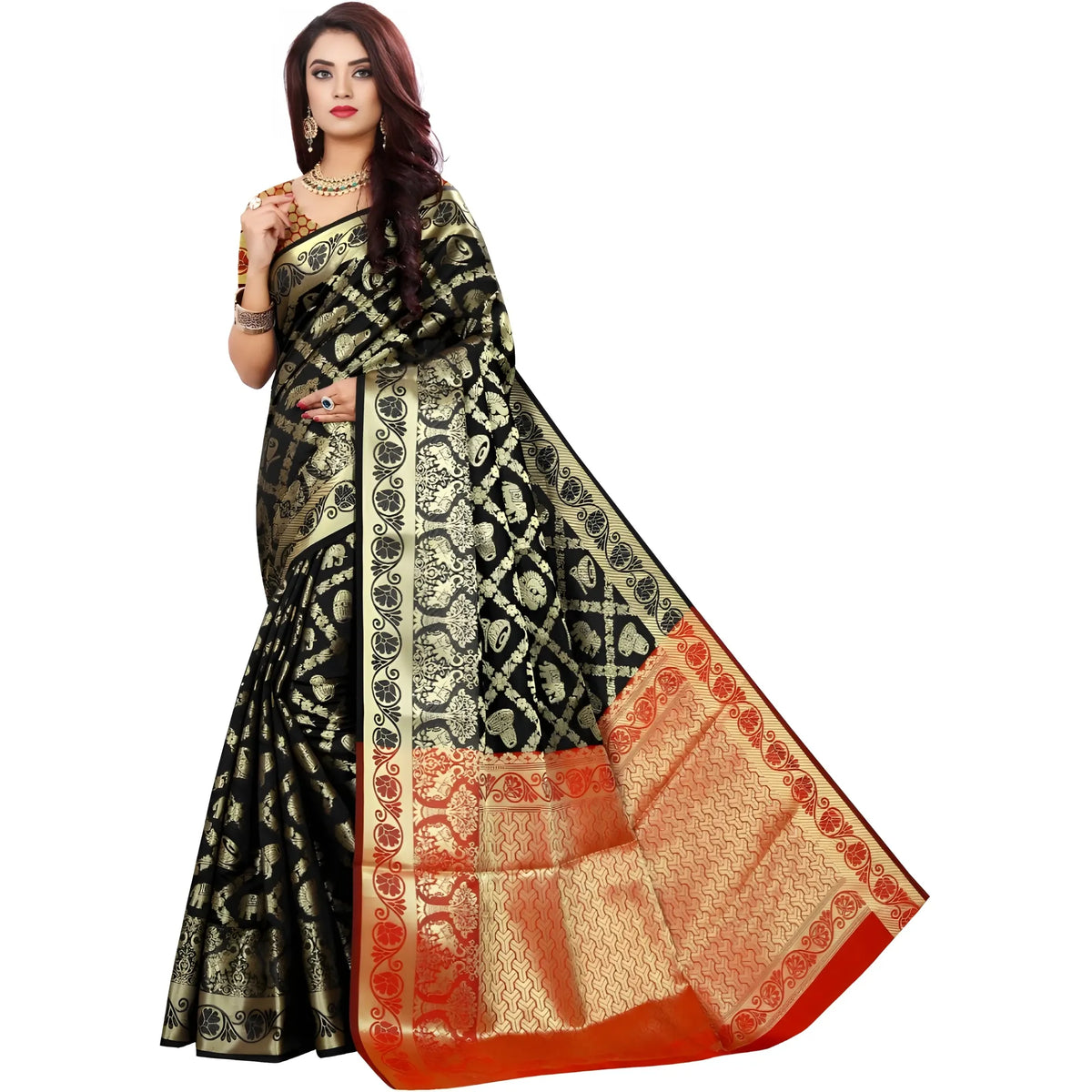 Women's Jacquard Woven Saree With Unstitched Blouse 5.5mtr (black) | Women Signature Collection