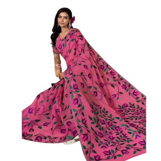 Women's Georgette Printed Saree With Unstitched Blouse 5.5Mtr  (Pink)