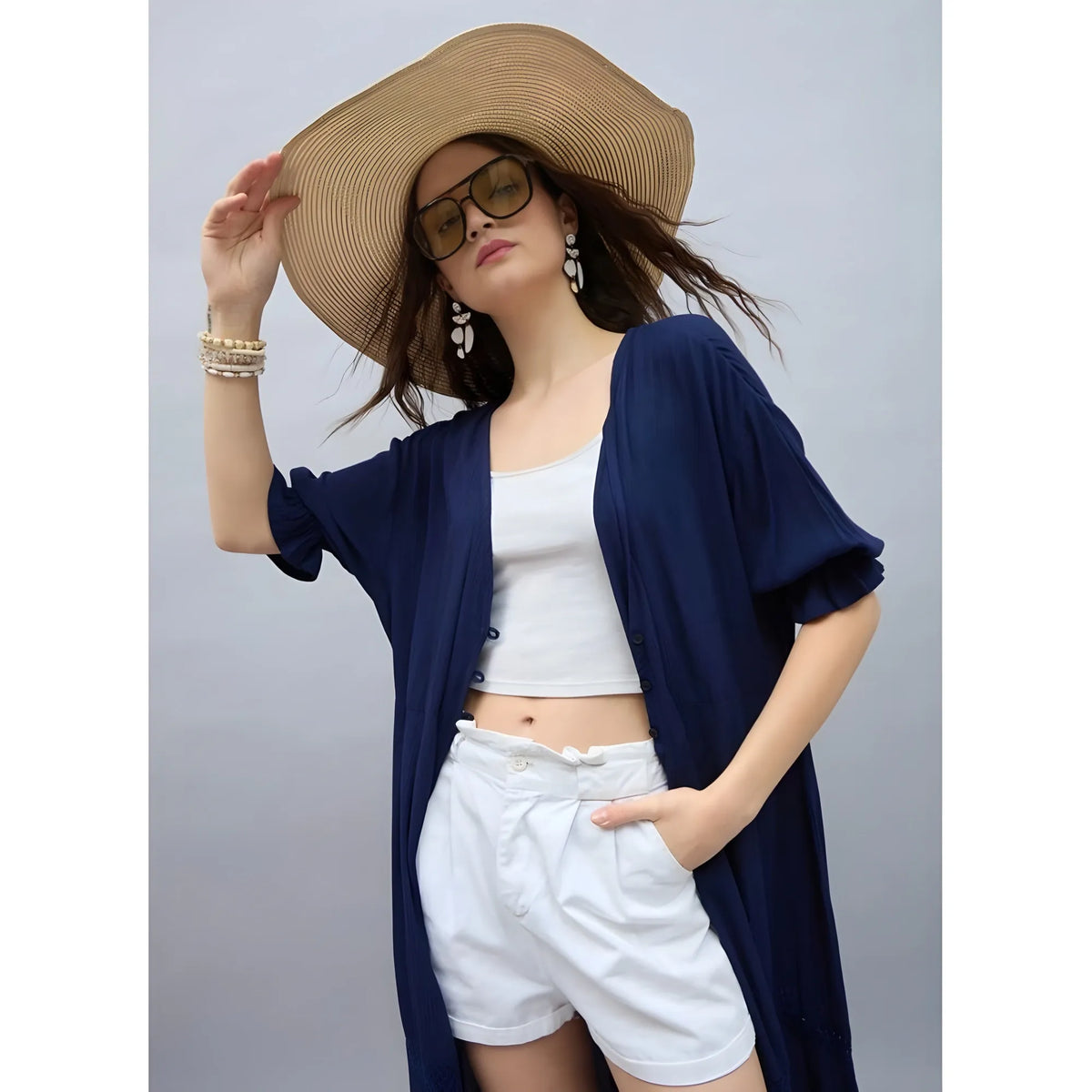 Women's Rayon Crepe Lace Inserts 3 4th Sleeve Shrug (navy) | Women Signature Collection