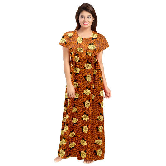 Women's Cotton Printed Maxi Nighty (Mustard)