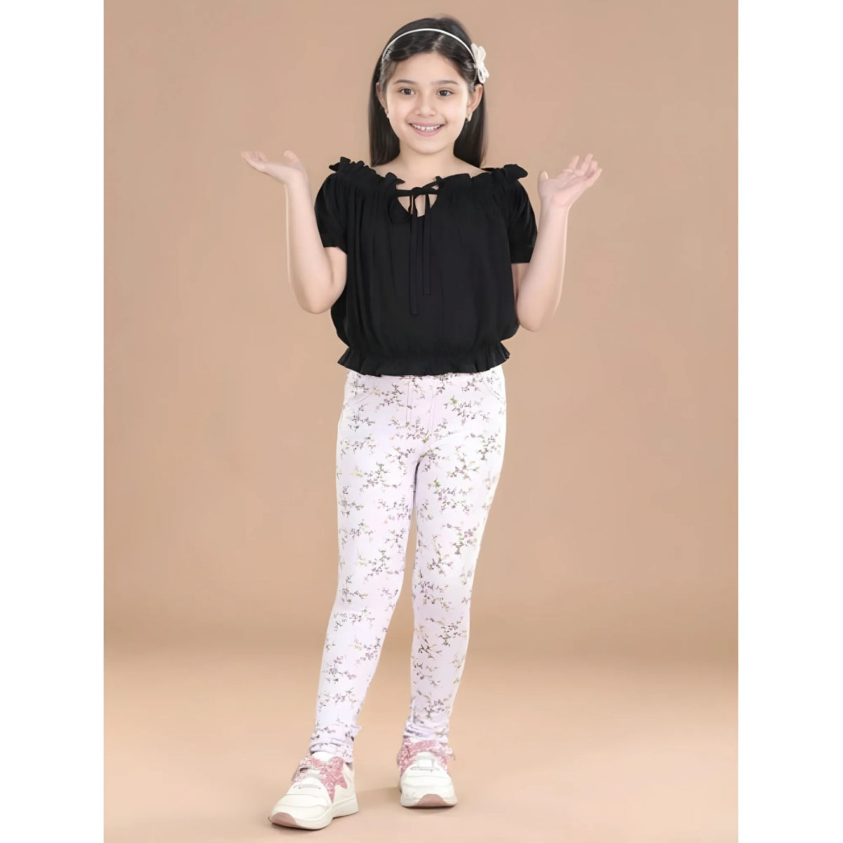 Girl's Cotton Lycra Floral Elasticated Jeggings (Multicolor)