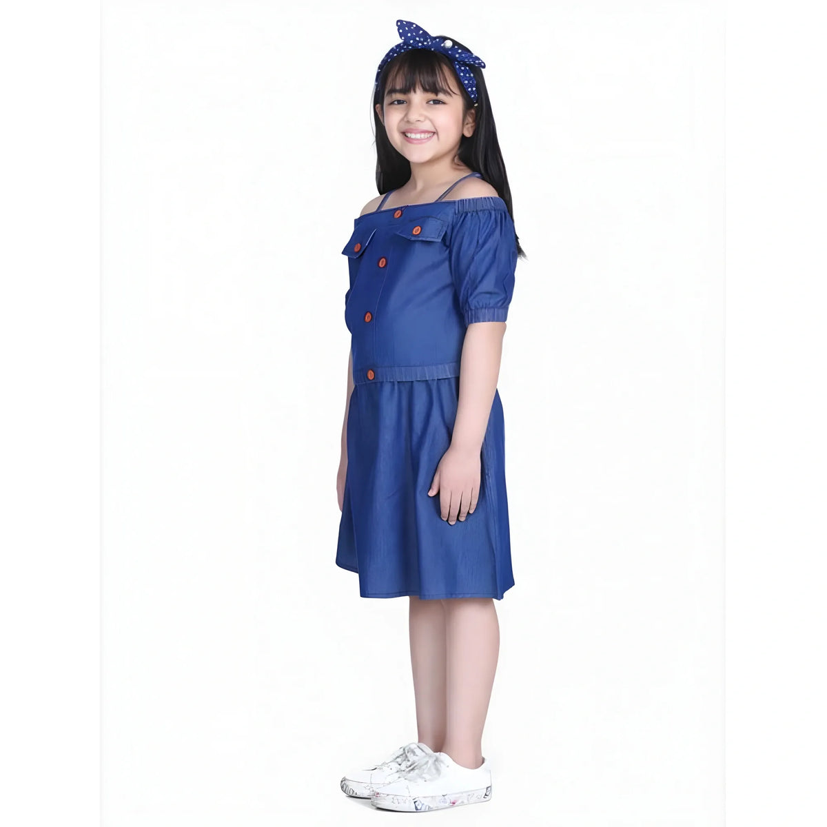 Girl's Denim Solid Cold Shoulder Top And Skirt Set (navy Blue) | Kids Signature Collection
