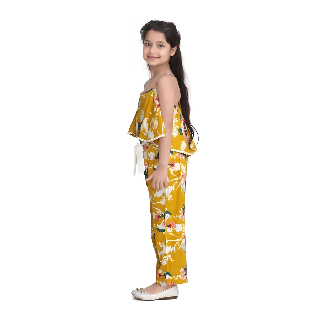 Girl's Rayon Floral Shoulder Straps Jumpsuit (mustard) | Kids Signature Collection